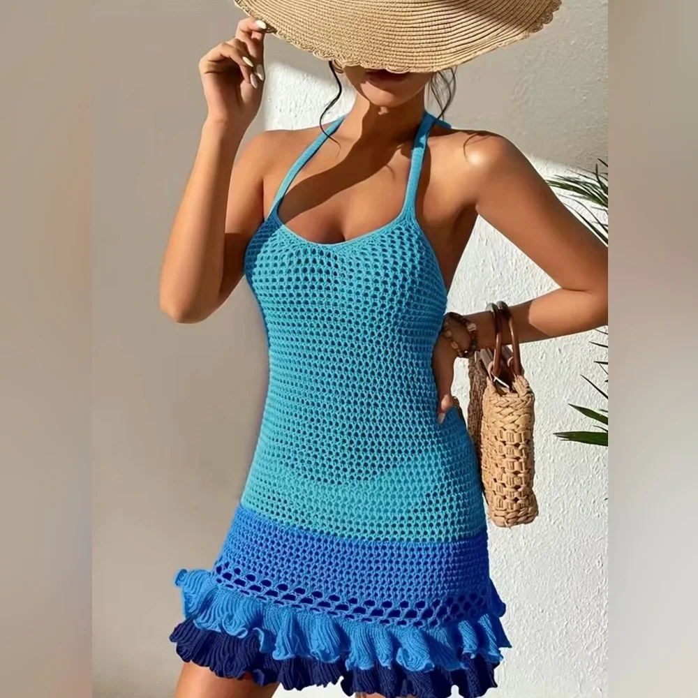 NEW- Crochet bathing suit cover - dress halter top style Large- cream color only - Picture 6 of 6